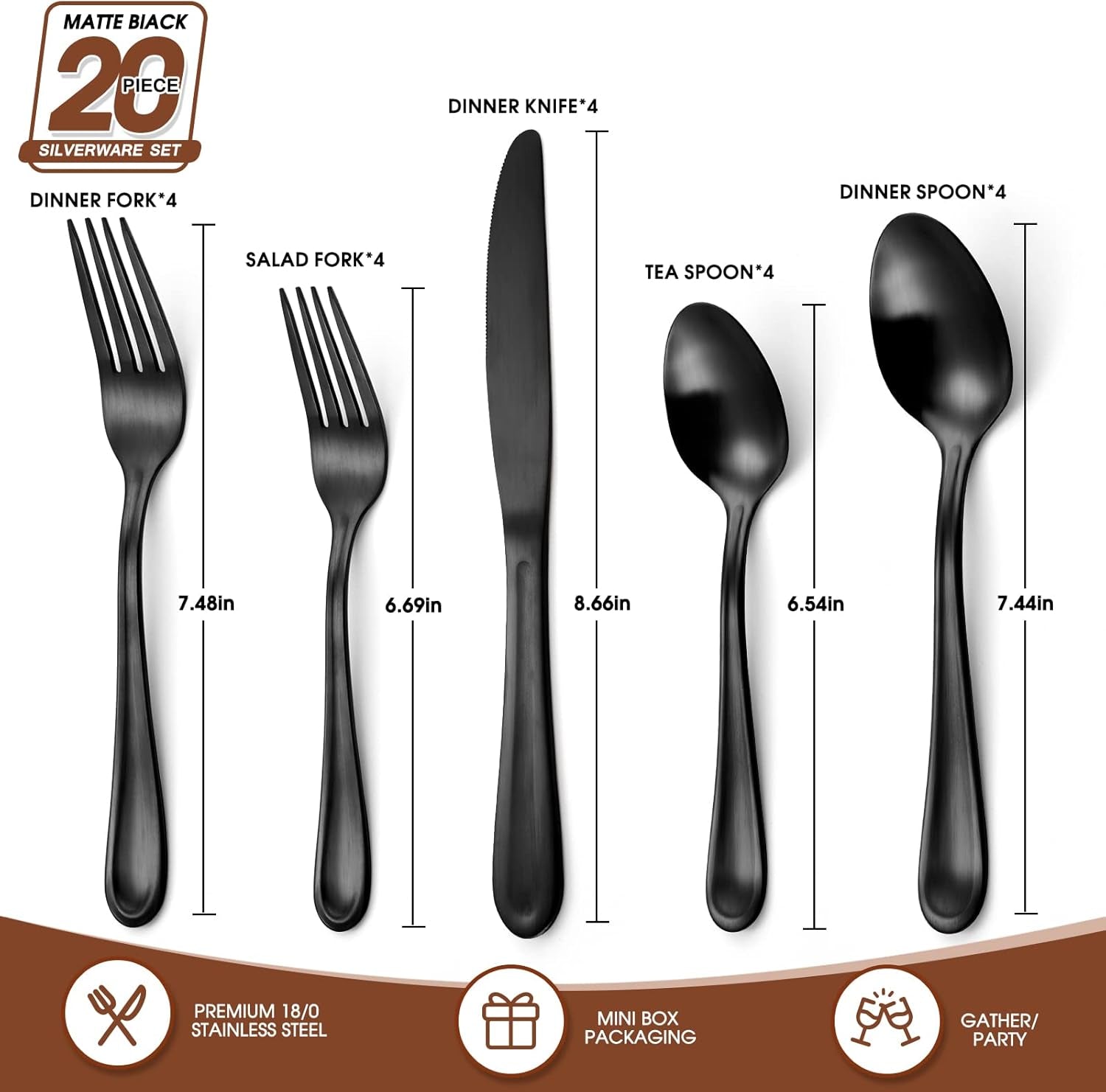 Matte Black Silverware Set, 20 Piece Stainless Steel Flatware Set,Satin Finish Tableware Utensil Set,Service for 4,Upgraded Cutlery Set for Kitchen and Home,Dishwasher Safe
